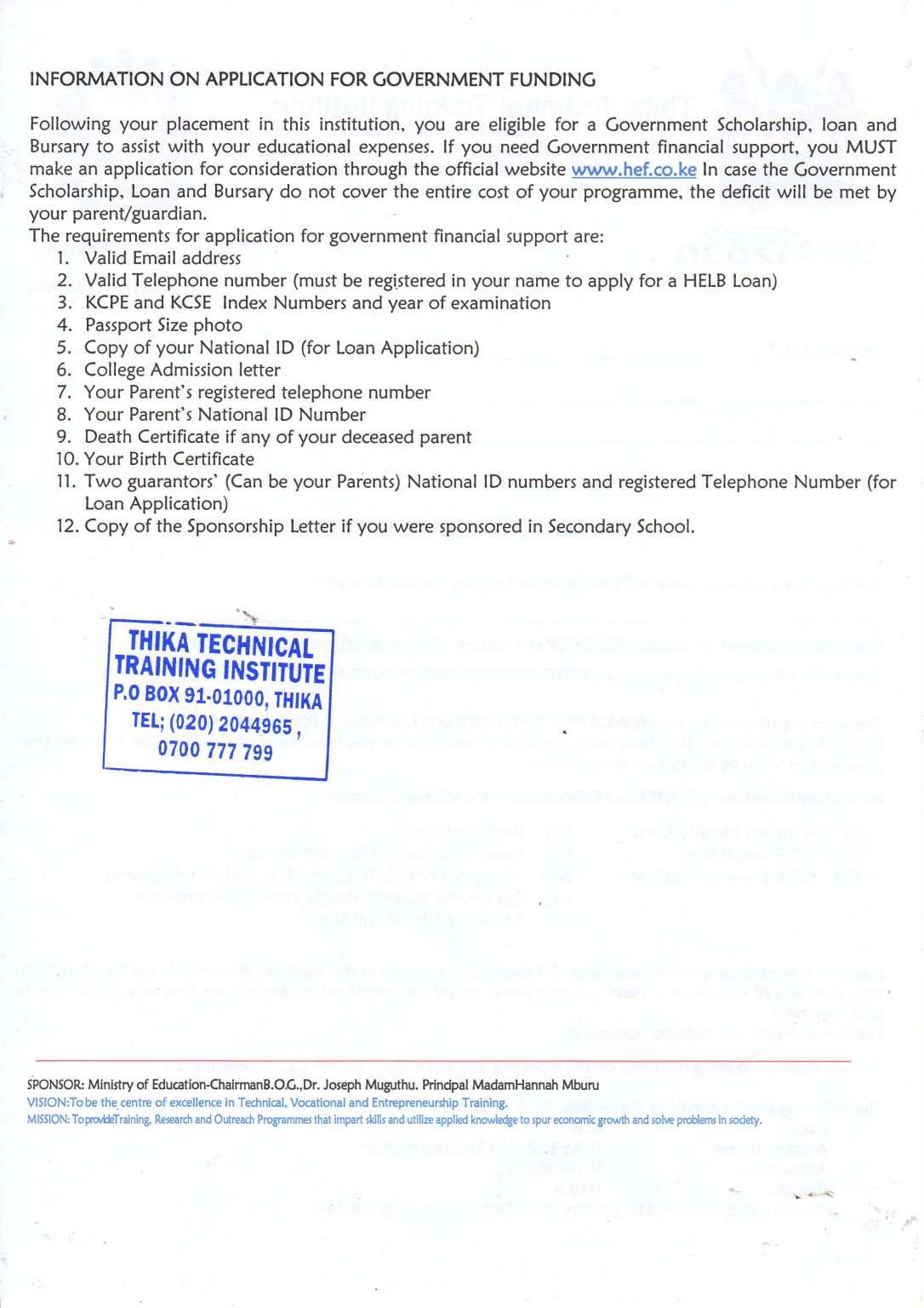 Application Form For Thika Technical Training Institute