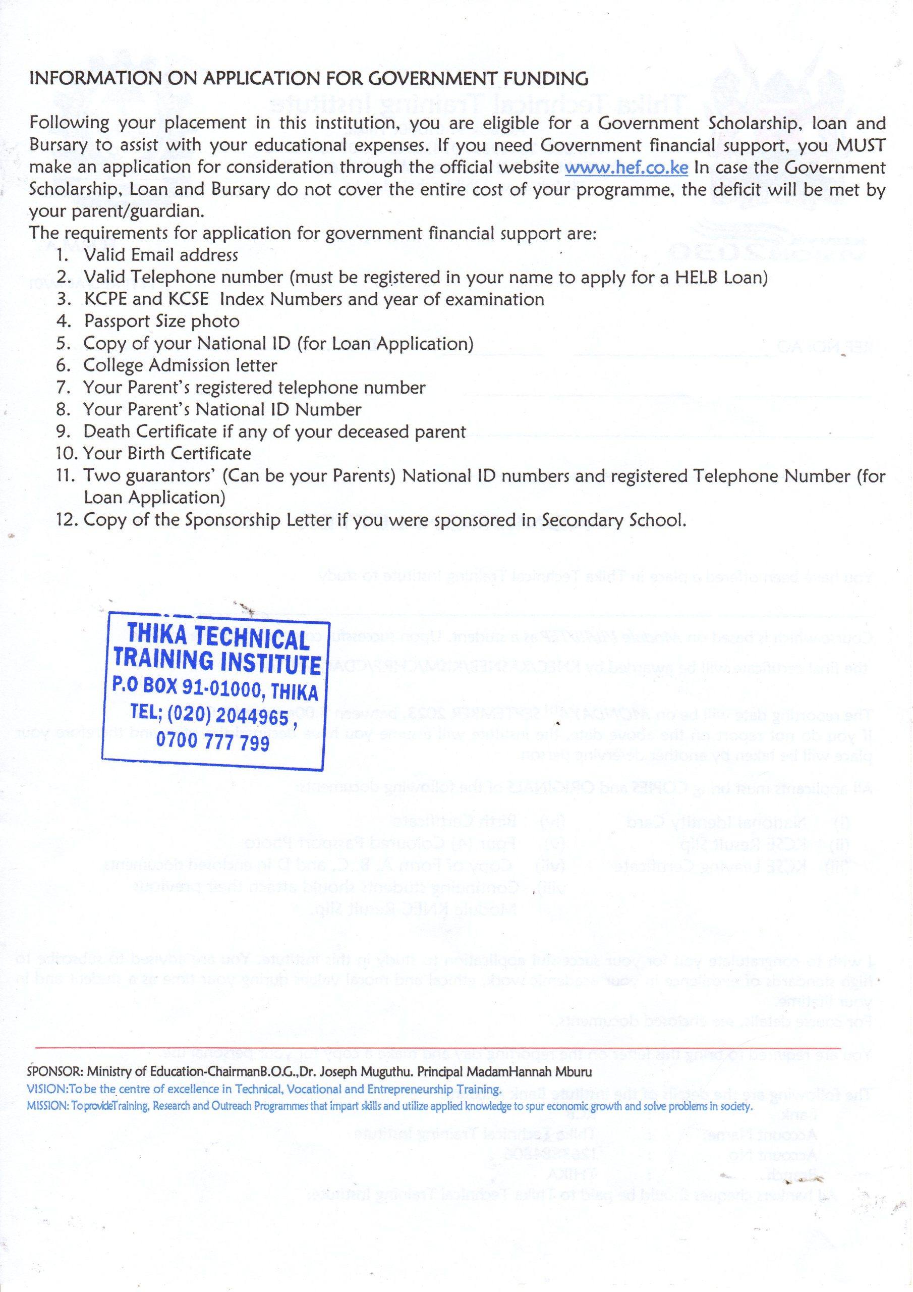 application letter for thika technical training institute